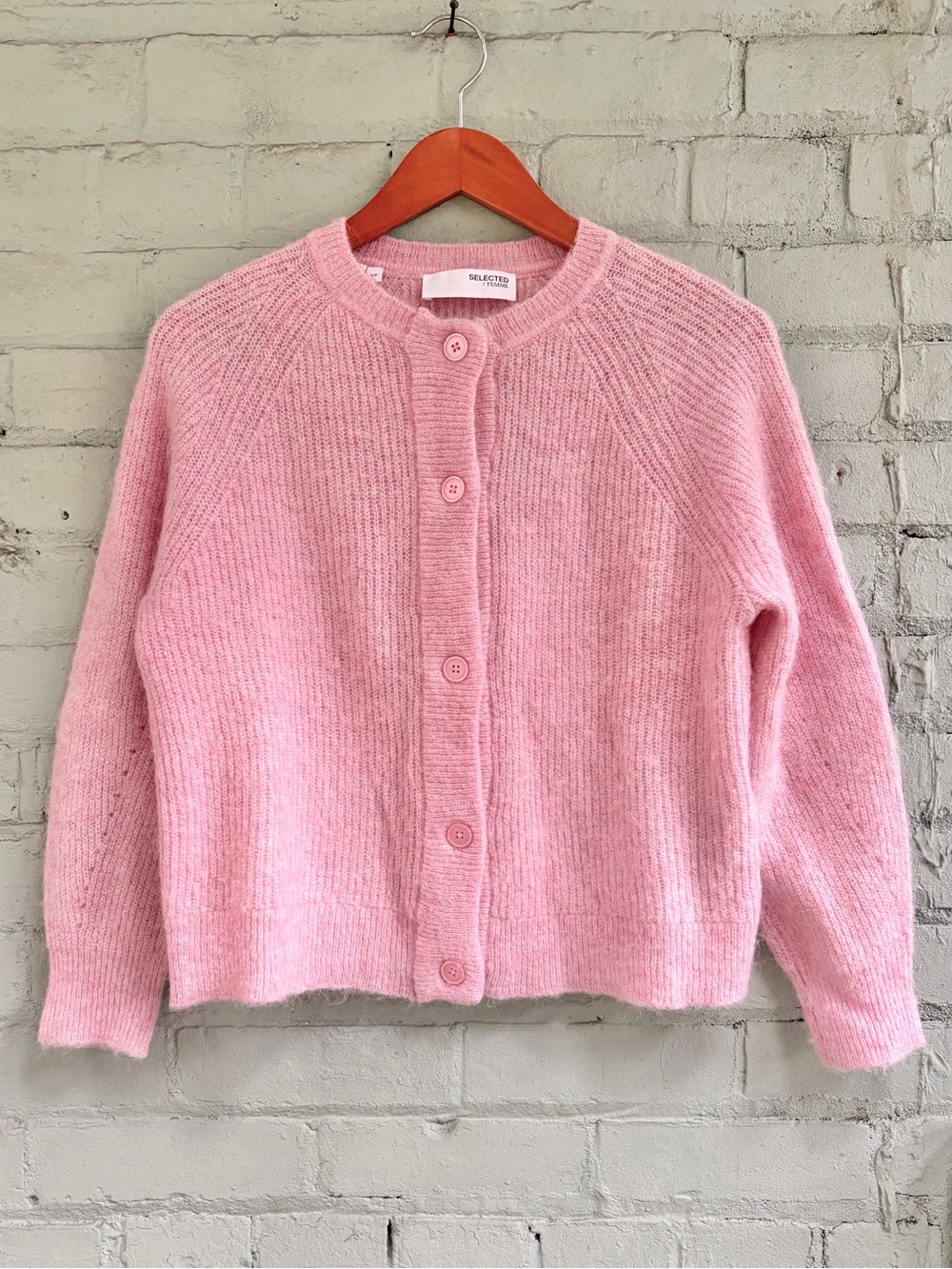 Pink Fuzzy Crew Neck Cardigan in Wool and Alpaca Blend